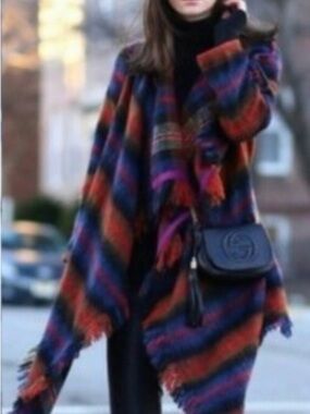 Striped Fringe Wrap Cape in Navy and Rust